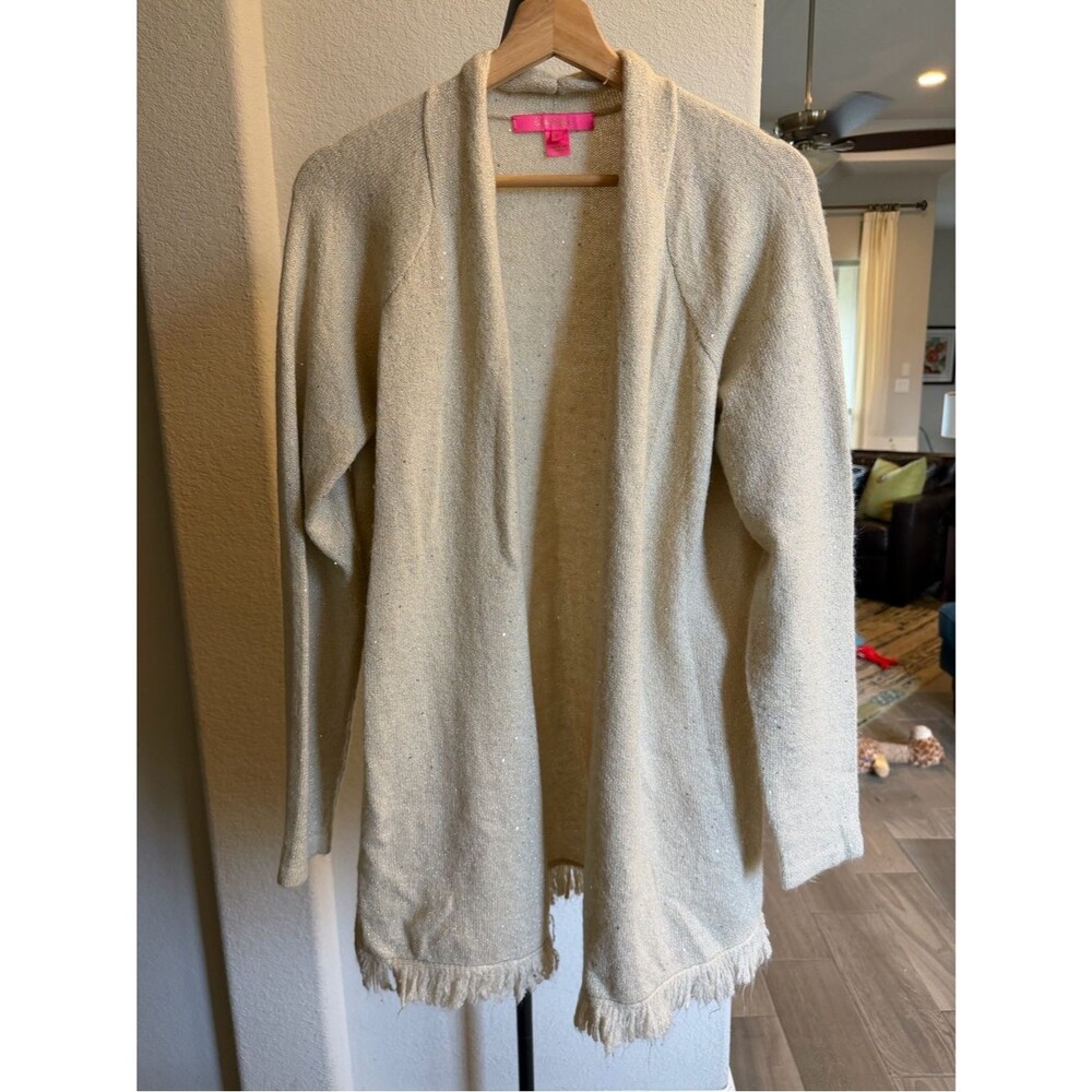 Lilly Pulitzer Shimmery Cream Open-Front Fringe Hem Cardigan L